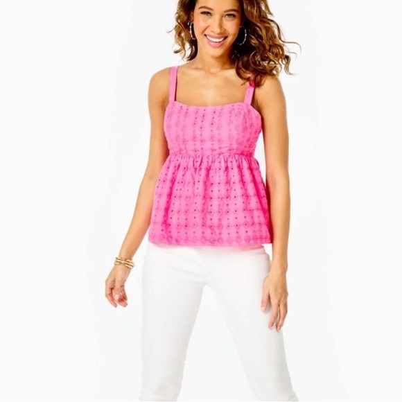 Lilly Pulitzer Tops - Lilly Pulitzer Michela Eyelet Babydoll Cami in Hot Pink Hottie Dottie Size 6